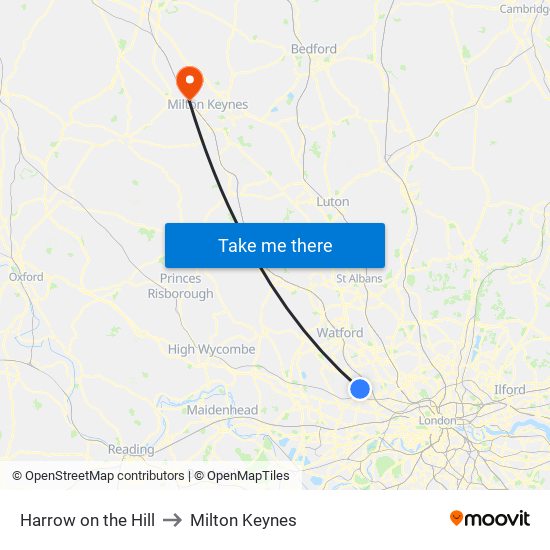 Harrow on the Hill to Milton Keynes map