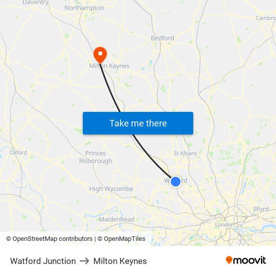 Watford Junction to Milton Keynes map