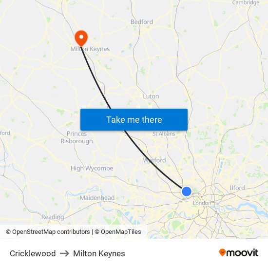 Cricklewood to Milton Keynes map
