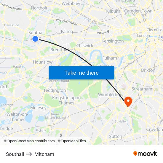 Southall to Mitcham map