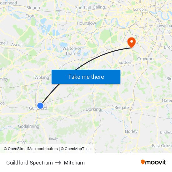 Guildford Spectrum to Mitcham map