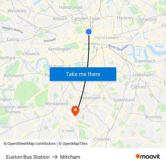 Euston Bus Station to Mitcham map