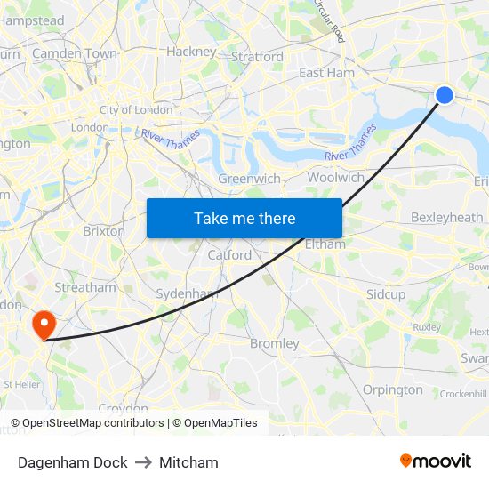 Dagenham Dock to Mitcham map