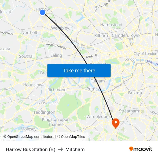Harrow Bus Station (B) to Mitcham map