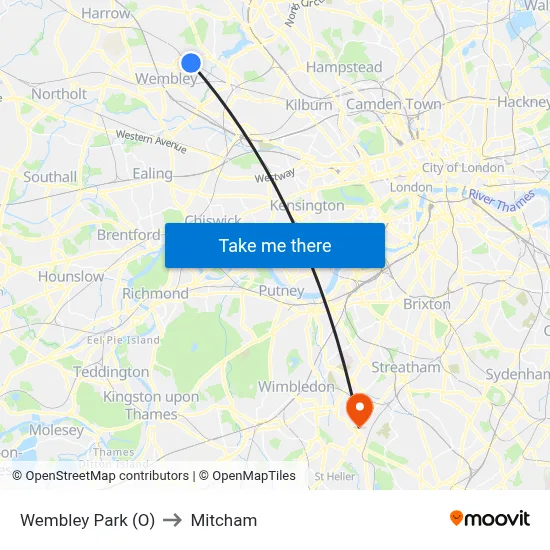 Wembley Park (O) to Mitcham map