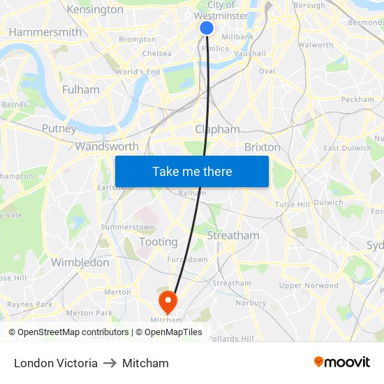 London Victoria to Mitcham map