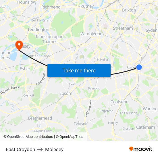East Croydon to Molesey map