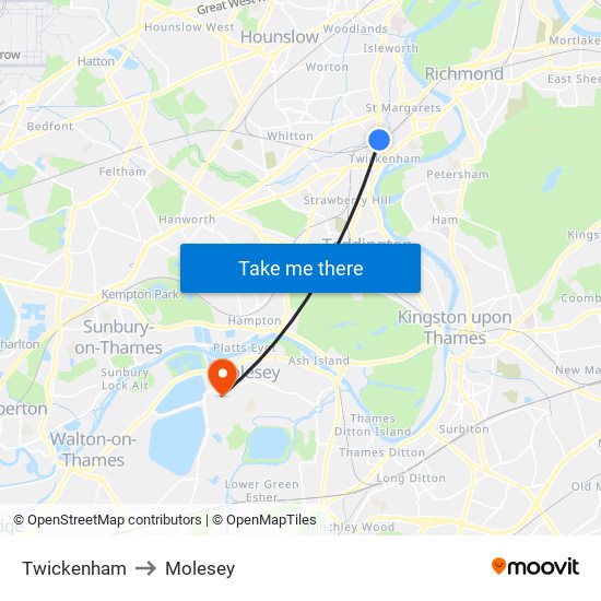 Twickenham to Molesey map