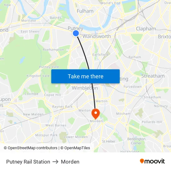 Putney Rail Station to Morden map