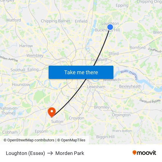 Loughton (Essex) to Morden Park map