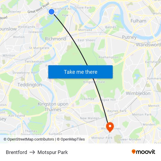 Brentford to Motspur Park map