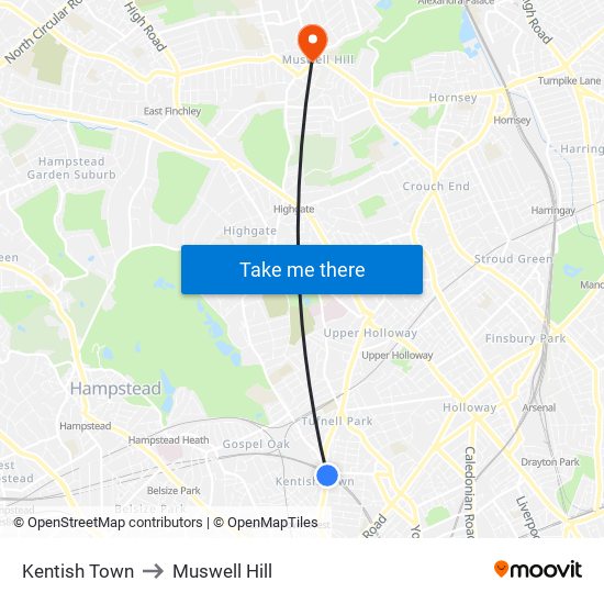 Kentish Town to Muswell Hill map