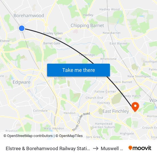 Elstree & Borehamwood Railway Station to Muswell Hill map