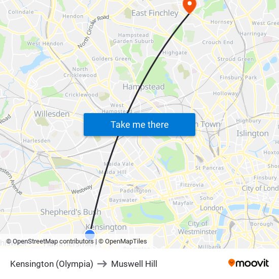 Kensington (Olympia) to Muswell Hill map