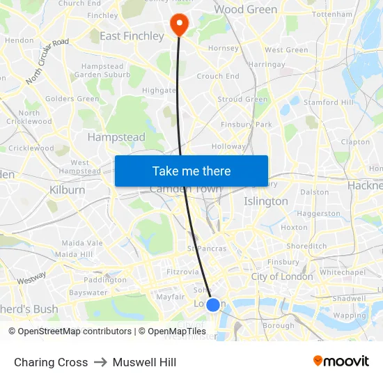 Charing Cross to Muswell Hill map