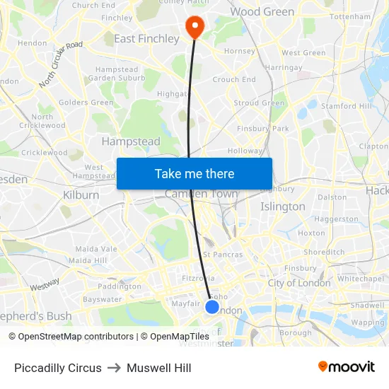 Piccadilly Circus to Muswell Hill map