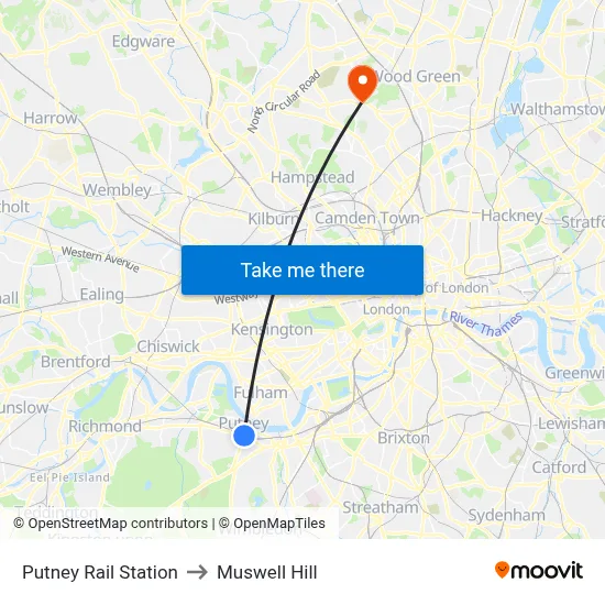 Putney Rail Station to Muswell Hill map