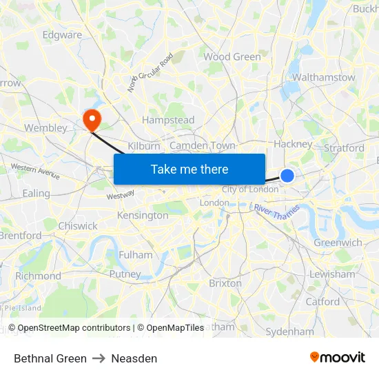 Bethnal Green to Neasden map