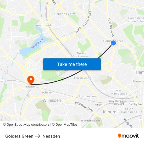 Golders Green to Neasden map