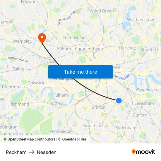 Peckham to Neasden map