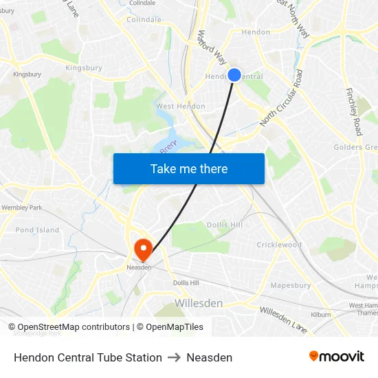 Hendon Central Tube Station to Neasden map