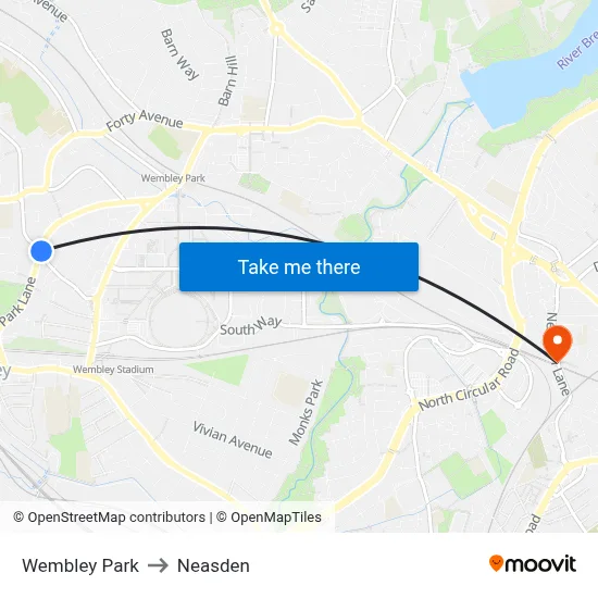 Wembley Park to Neasden map