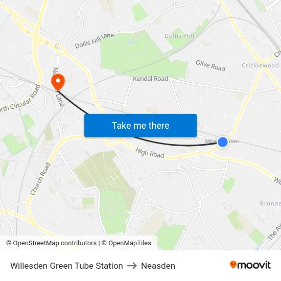 Willesden Green Tube Station to Neasden map