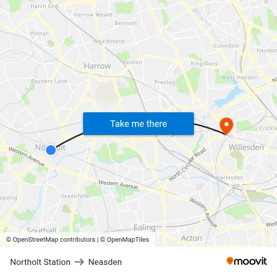 Northolt Station to Neasden map