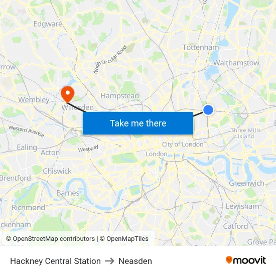 Hackney Central Station to Neasden map