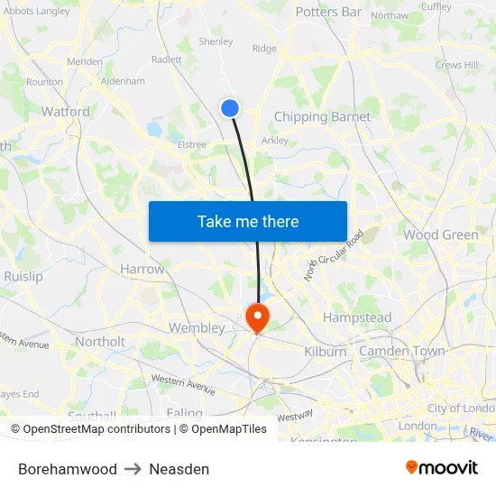 Borehamwood to Neasden map