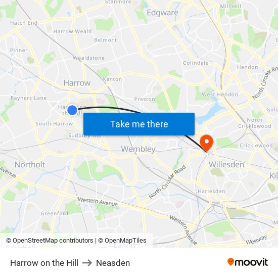 Harrow on the Hill to Neasden map