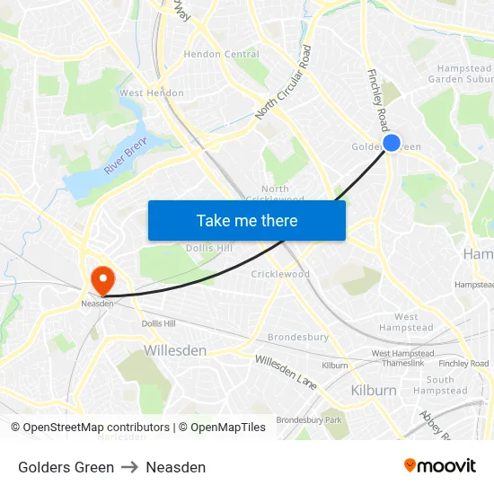 Golders Green to Neasden map