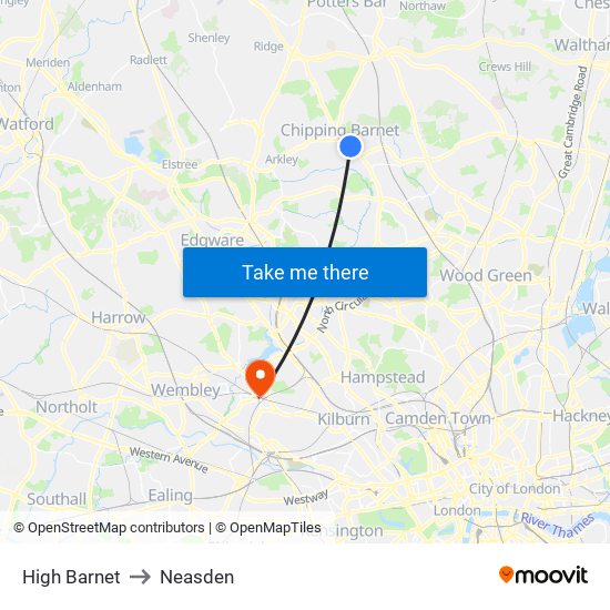 High Barnet to Neasden map