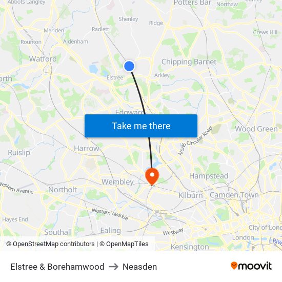 Elstree & Borehamwood to Neasden map
