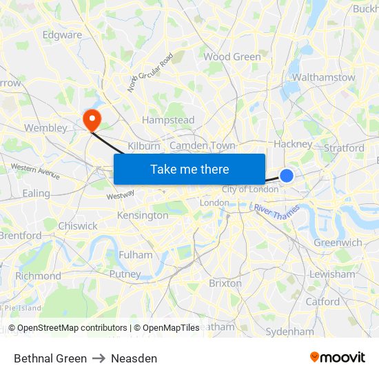 Bethnal Green to Neasden map