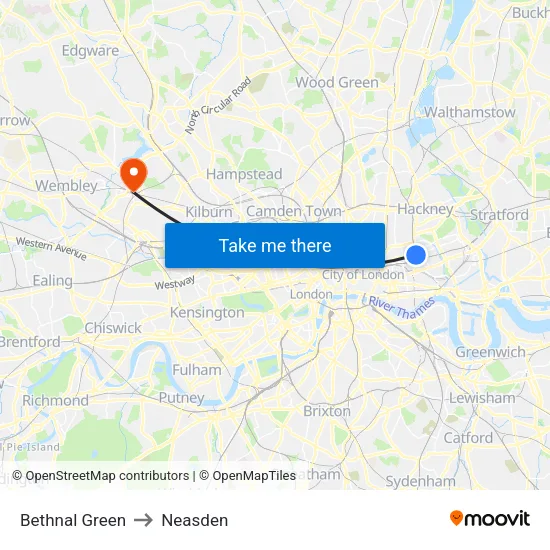 Bethnal Green to Neasden map