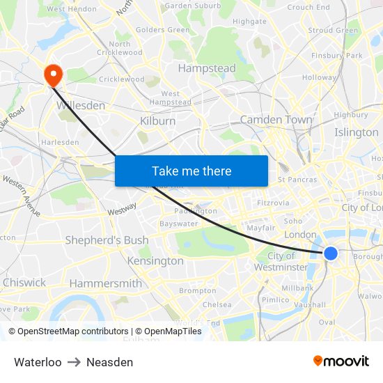 Waterloo to Neasden map