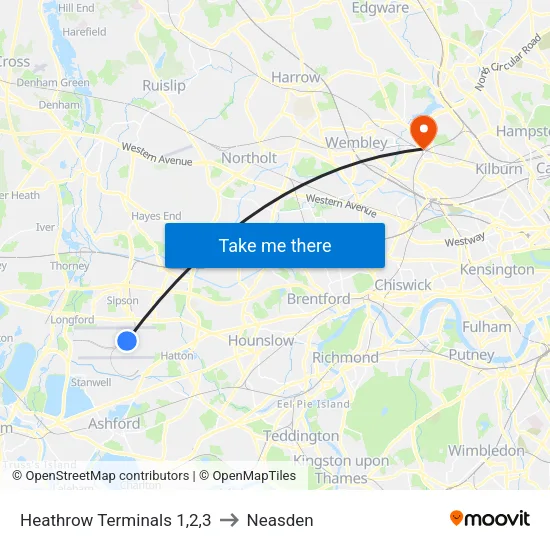 Heathrow Terminals 1,2,3 to Neasden map