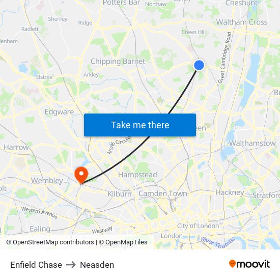 Enfield Chase to Neasden map