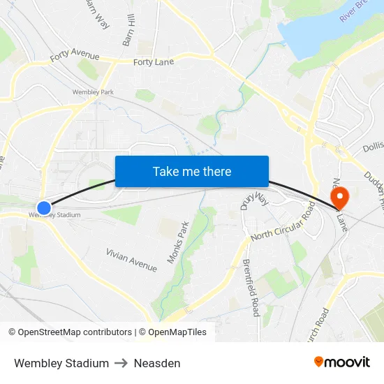 Wembley Stadium to Neasden map