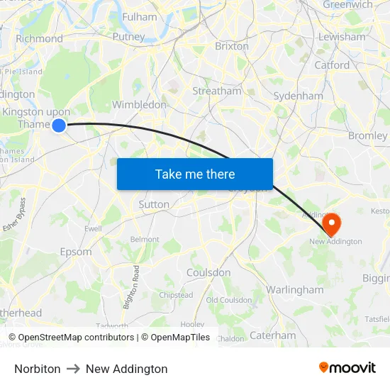 Norbiton to New Addington map