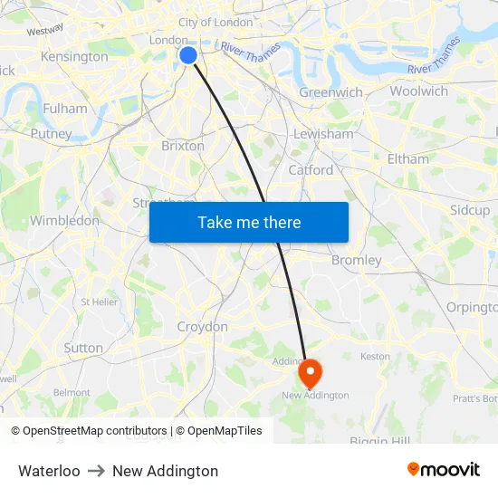 Waterloo to New Addington map
