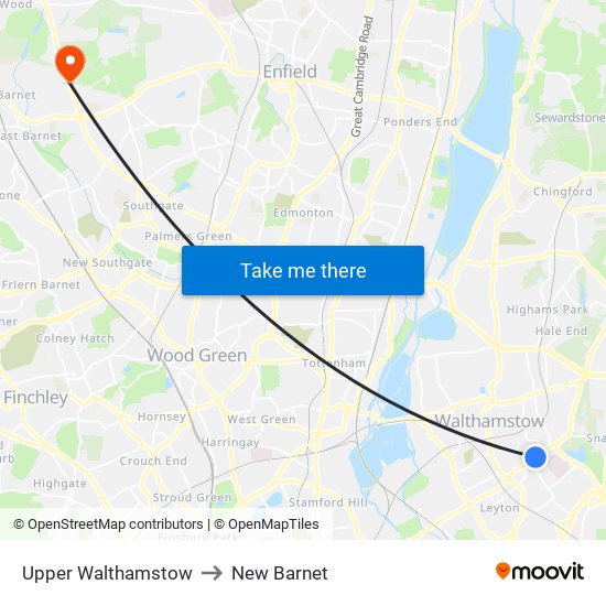 Upper Walthamstow to New Barnet map