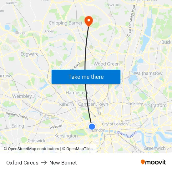 Oxford Circus to New Barnet map