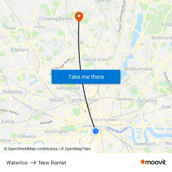 Waterloo to New Barnet map