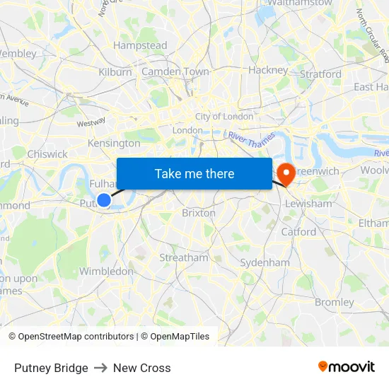 Putney Bridge to New Cross map