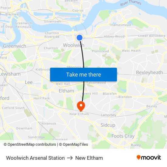 Woolwich Arsenal Station to New Eltham map