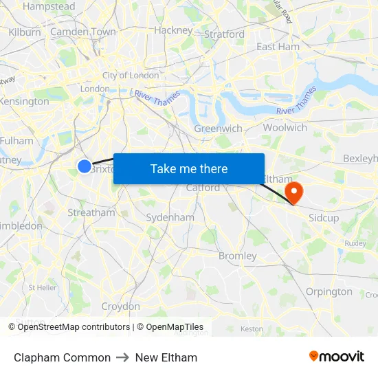 Clapham Common to New Eltham map