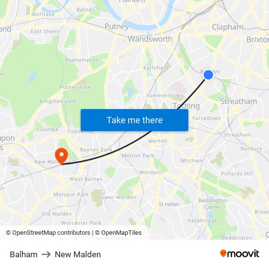 Balham to New Malden map