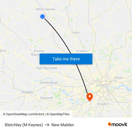 Bletchley (M Keynes) to New Malden map